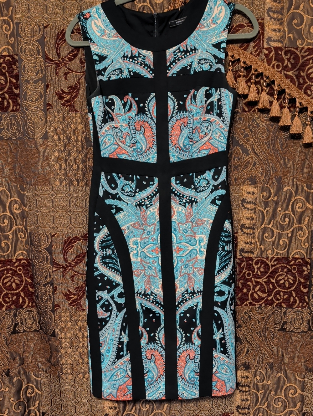 BCBGMaxAzria Black Sheath Dress with Turquoise & Coral Paisley. Sz. 4